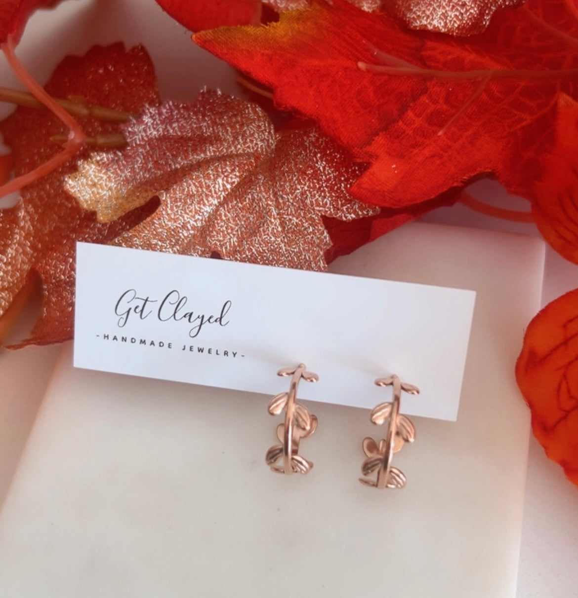 Leaf hoops- rose gold colour