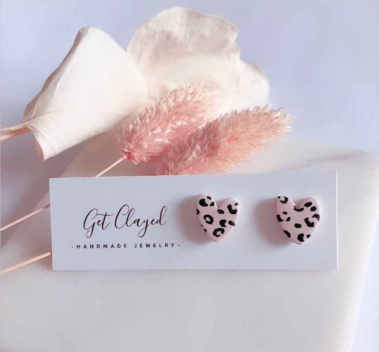 Leopard print heart studs