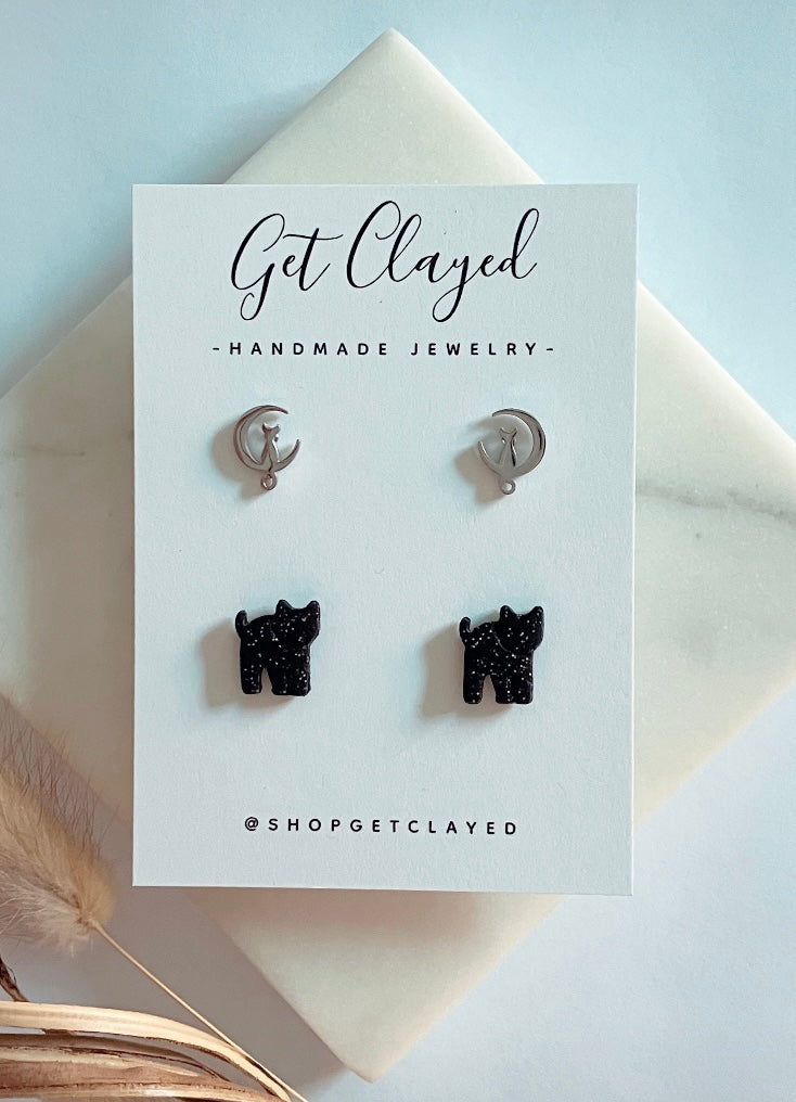 Cat & moon stud set