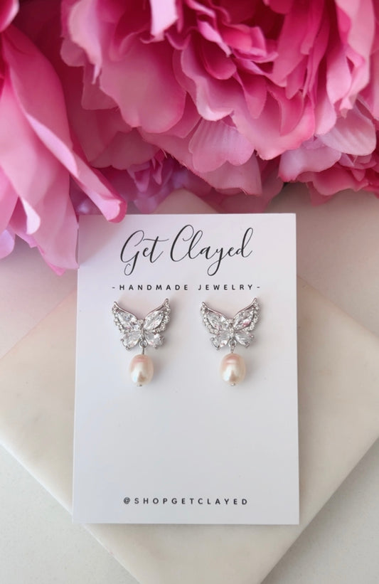 Sterling silver + freshwater pearl butterflies with storage pouch