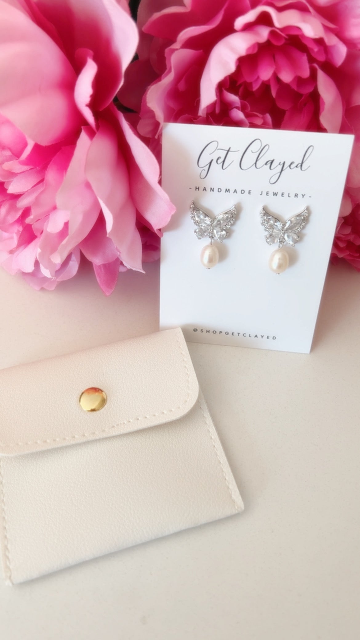 Sterling silver + freshwater pearl butterflies with storage pouch