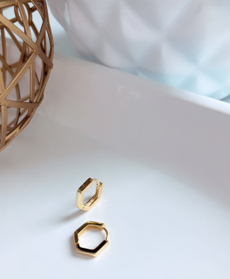 14k gold plated sterling silver hexagon hoops