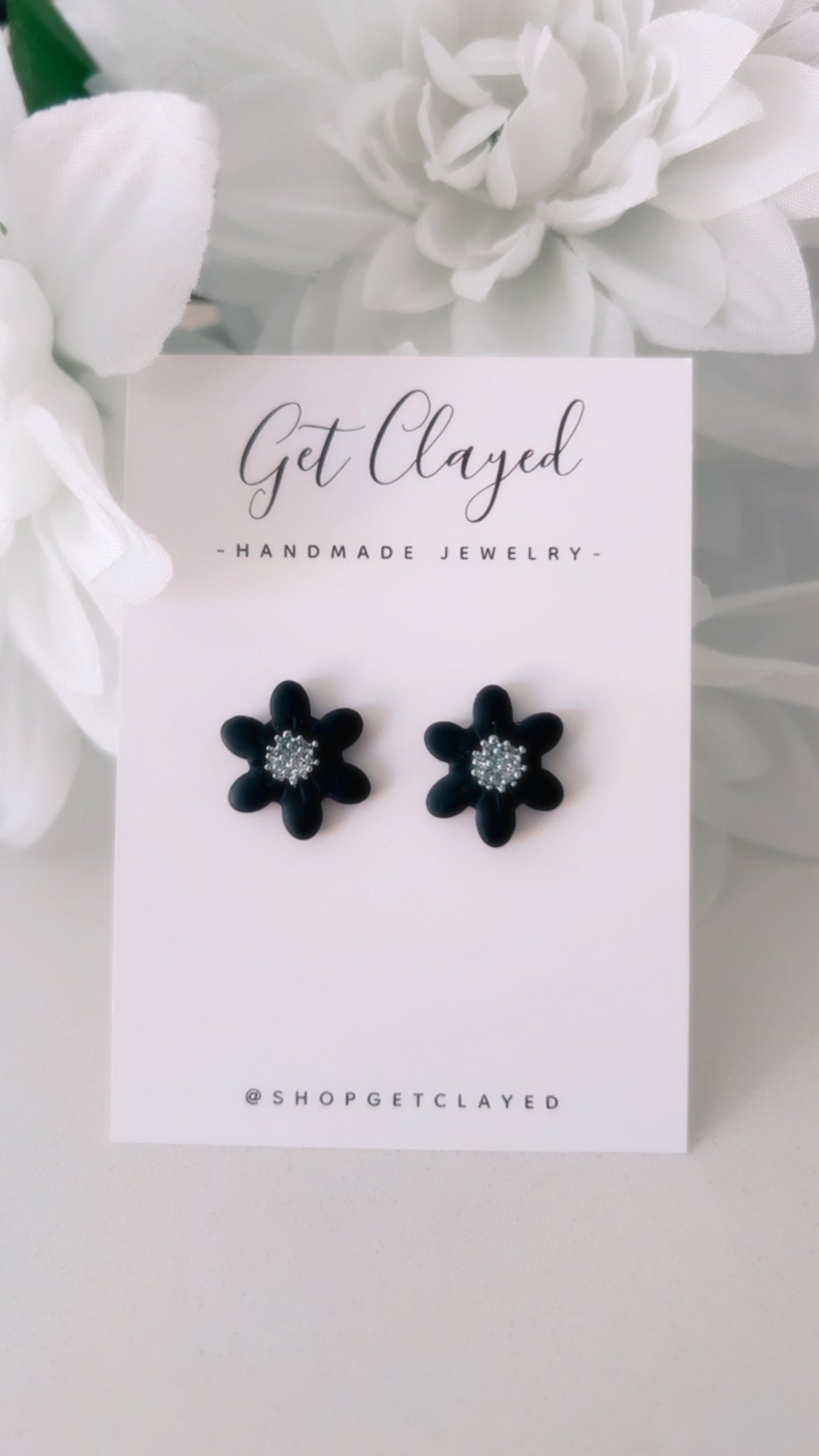 Black + silver flower studs