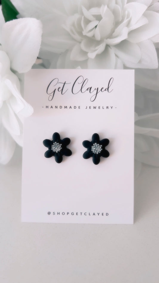 Black + silver flower studs