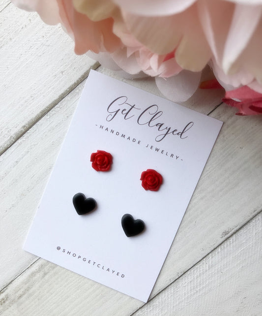 Rose black heart stud set